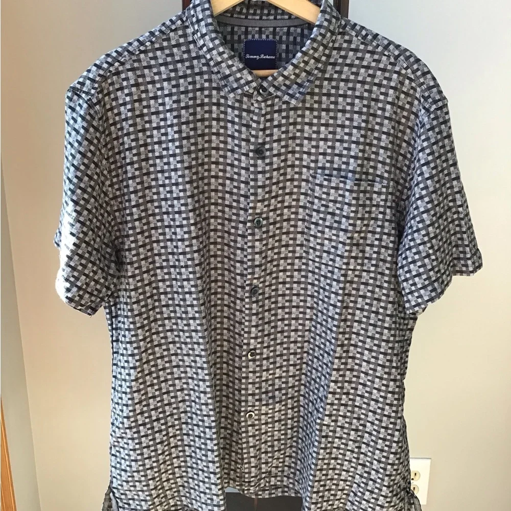 TB Silk Textured Cotton Short Sleeve‎ Plaid Check Shirt Button Down